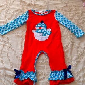 Marie Nicole Red and Green Snowman with Navy bows Romper